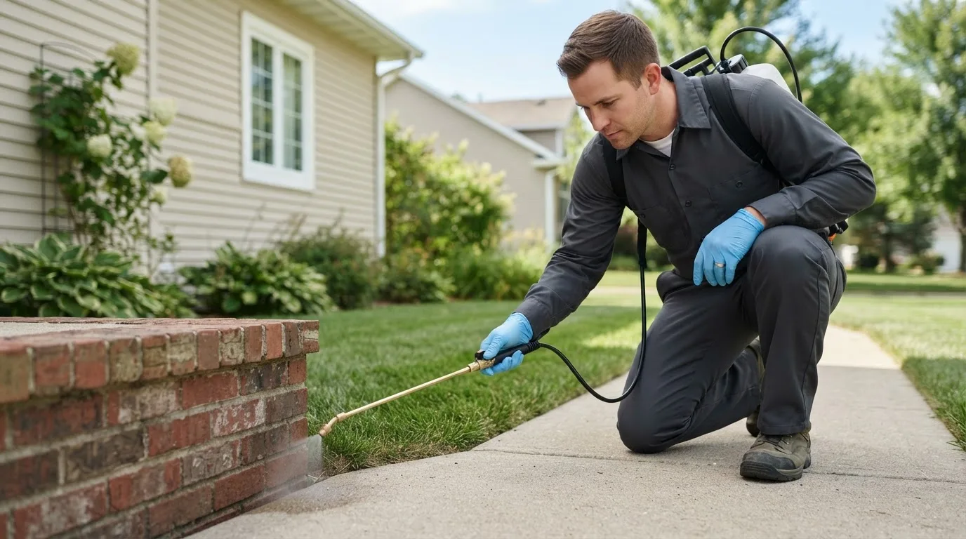 Pest control technician treating a home near Melbourne, IA