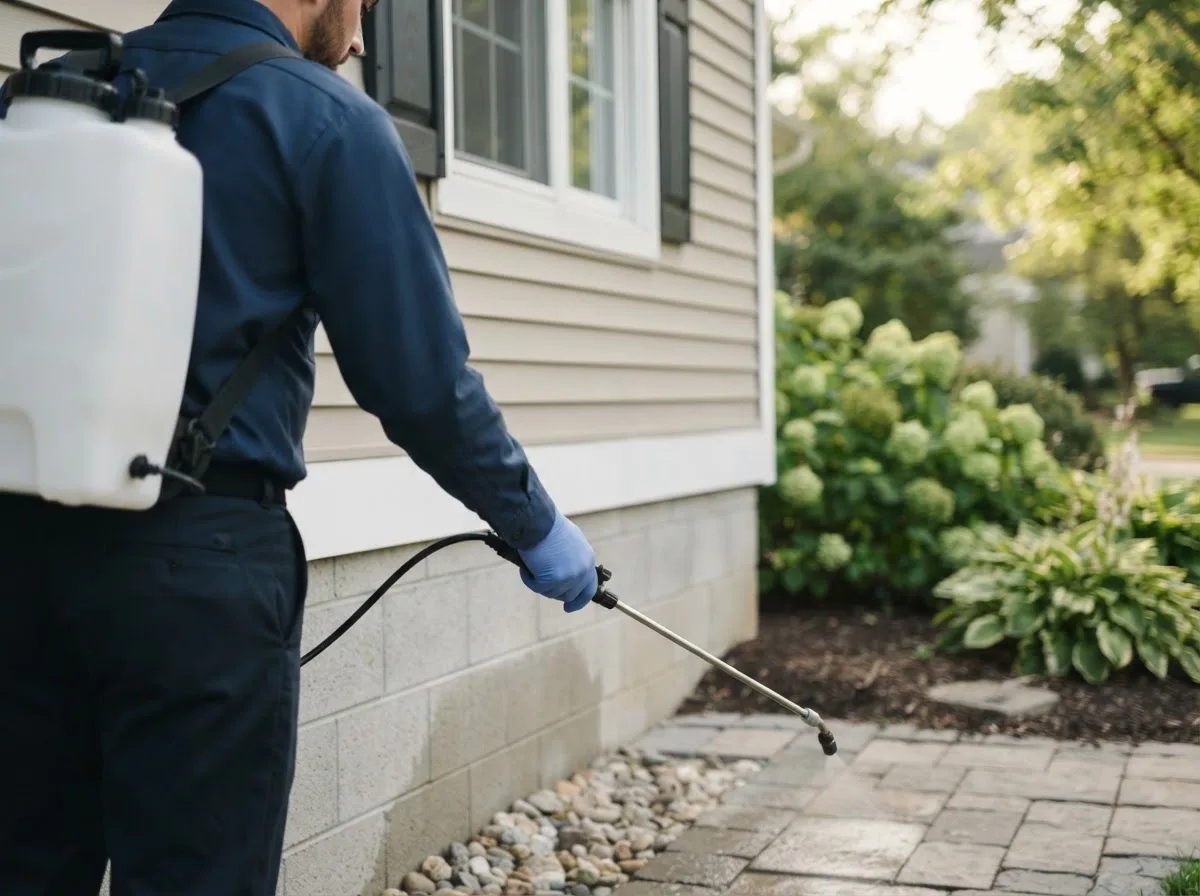 Pest control technician inspecting a home in Melbourne, IA